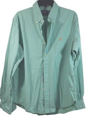 Ralph Lauren Mens Custom Fit Button-Down Shirt XL Green Check Cotton Long Sleeve